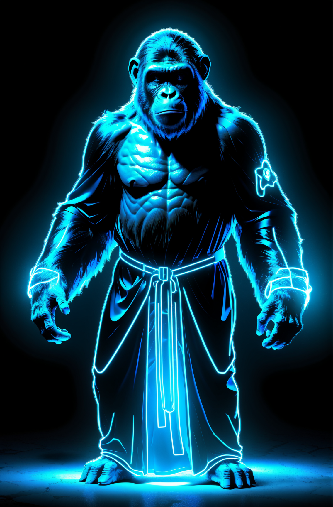 04720-3967663697-Ape glowing neon blue gown, Realistic style.png